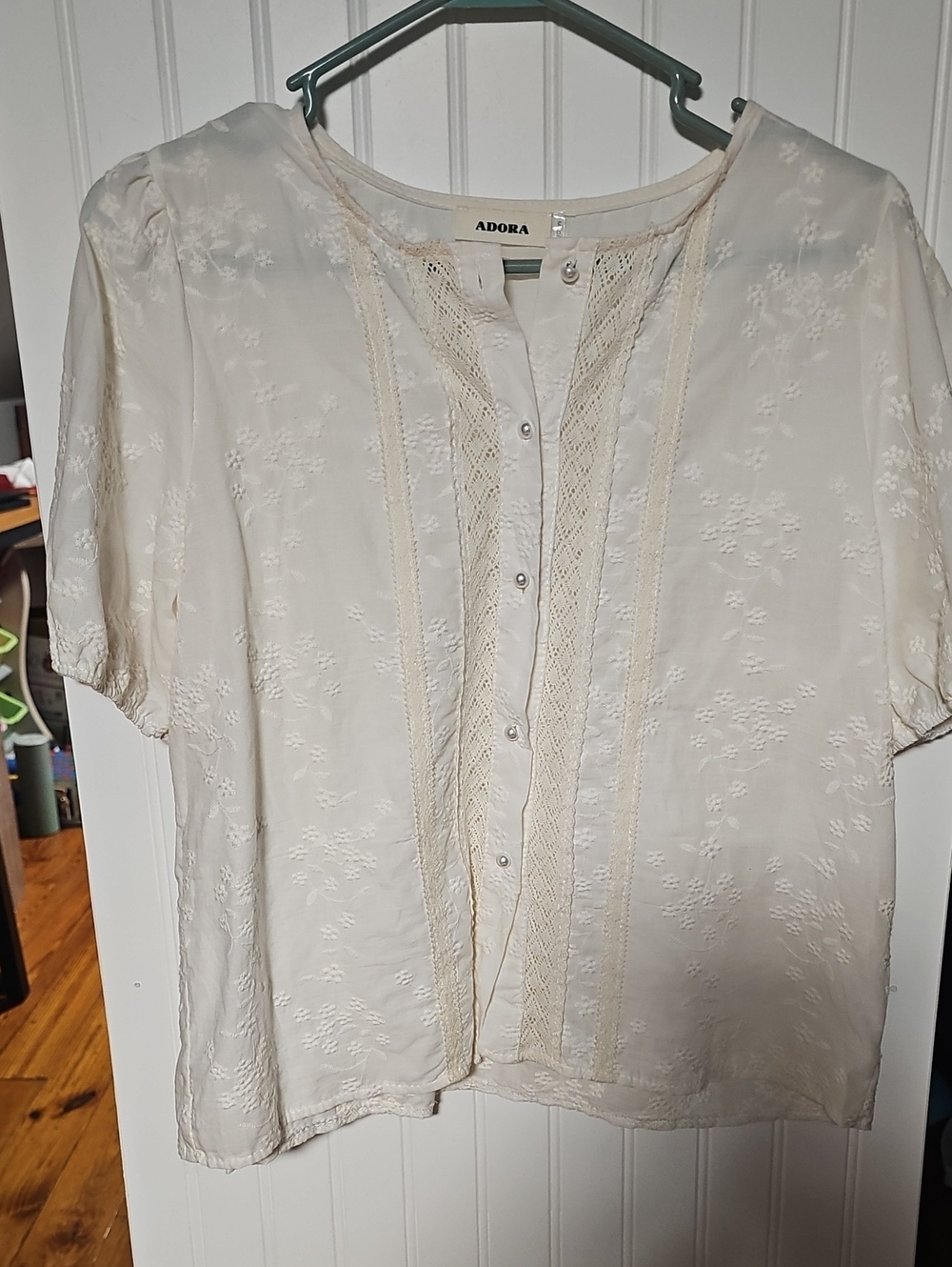 ADORA Cream Lace-Trim Button Front Blouse